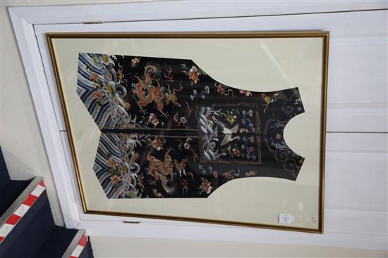 A Chinese black satin embroidered silk court jacket, Qing dynasty, 104 x 82cm